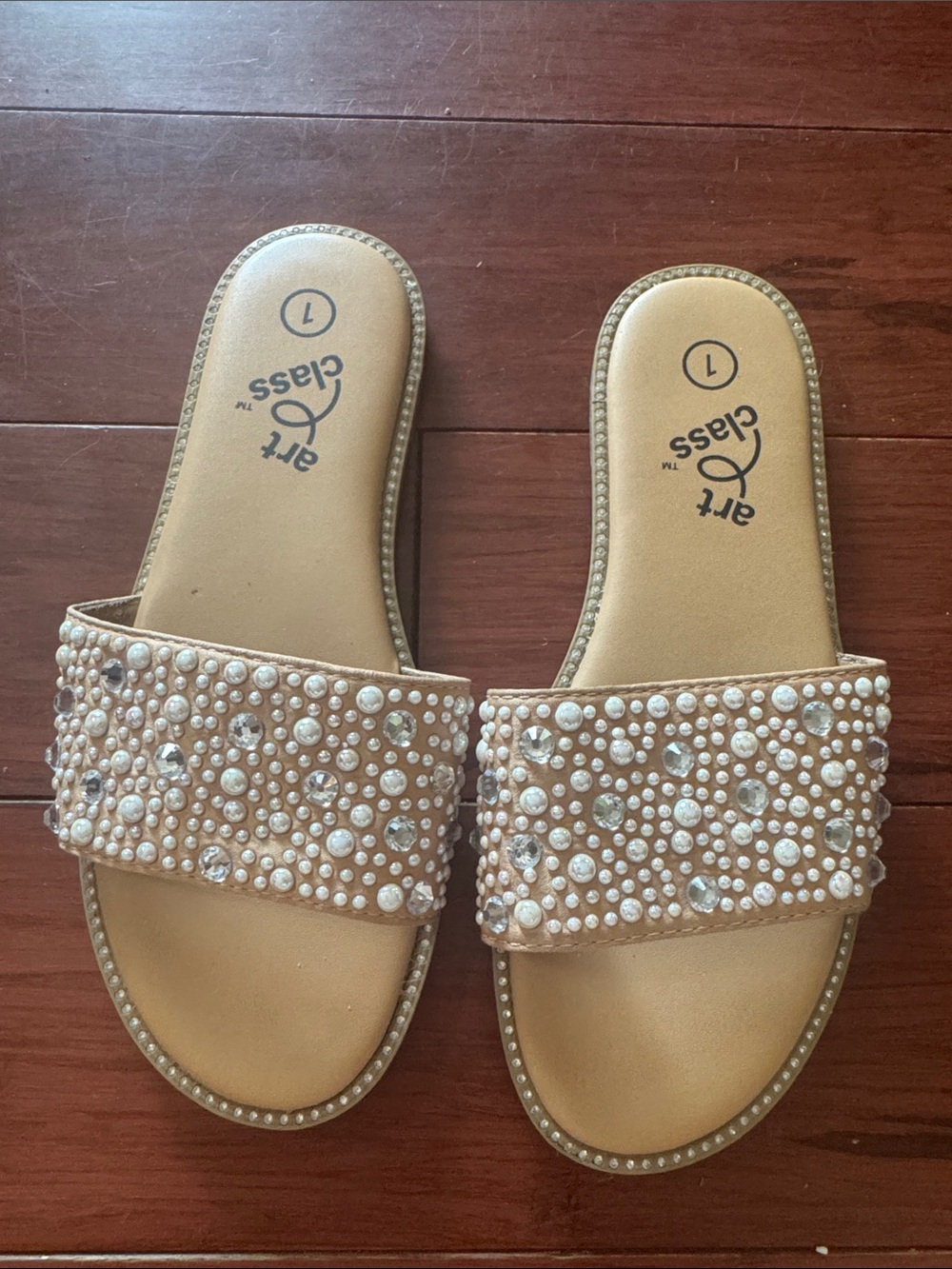art class Tan Pearl & Crystal Slide Sandals